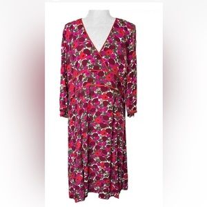 Boden Empire Waisted Long Sleeve Pink Floral Surplice Dress size 16